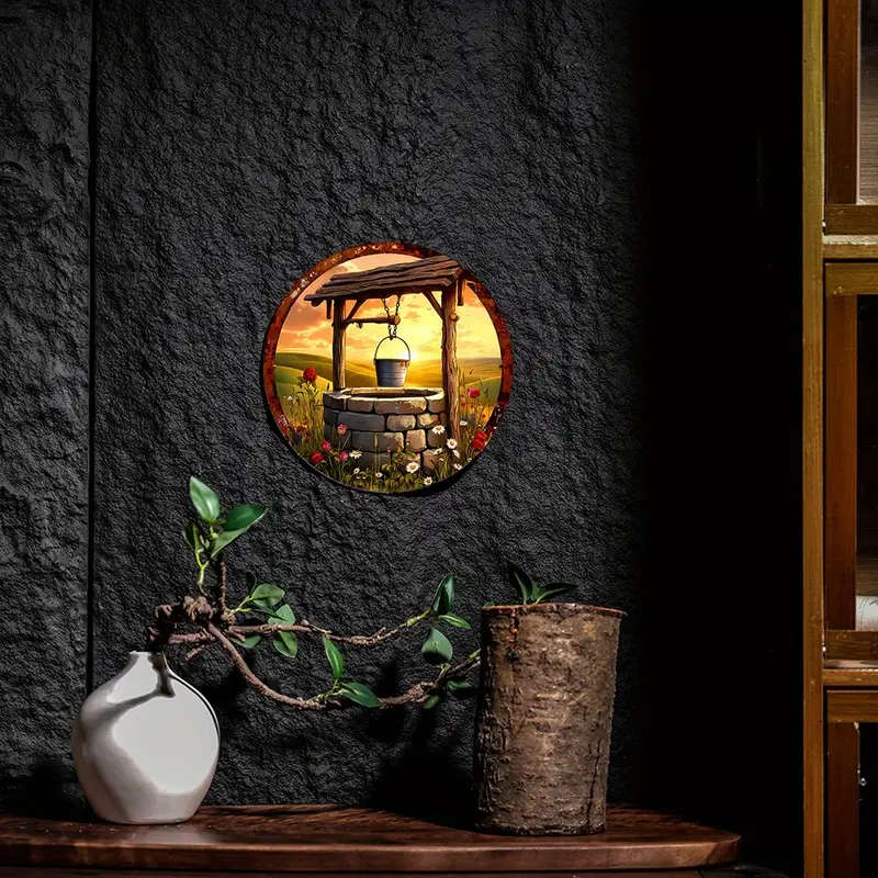 1pc Room Decor Rustic Well Sunset Aluminum Wall Art Circular Foil Engraving Sign 19.81 cm Ideal for