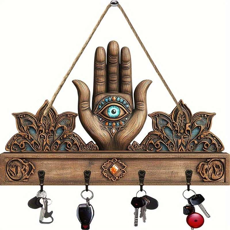 1pc Palm and All-Seeing Eye Simple and Colorful Wooden and Key Hook with Four Metal Hooks 30.0cm x