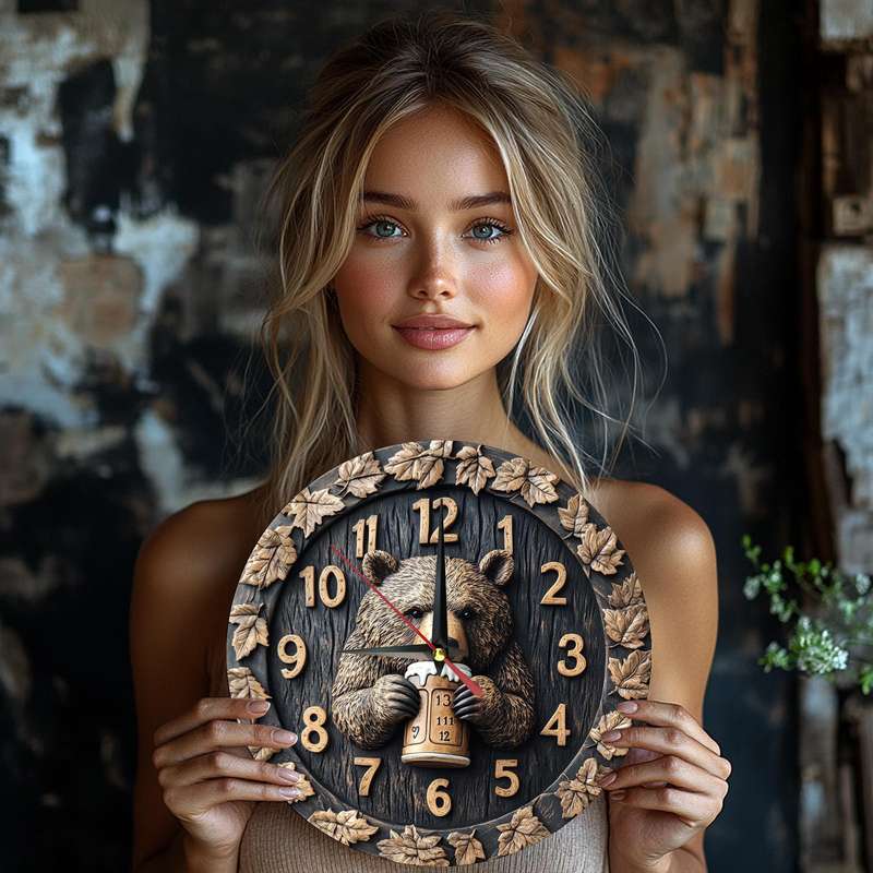 1pc Rustic Wooden Bear with Beer Wall Clock Silent Movement Round Farmhouse Decor Battery Op