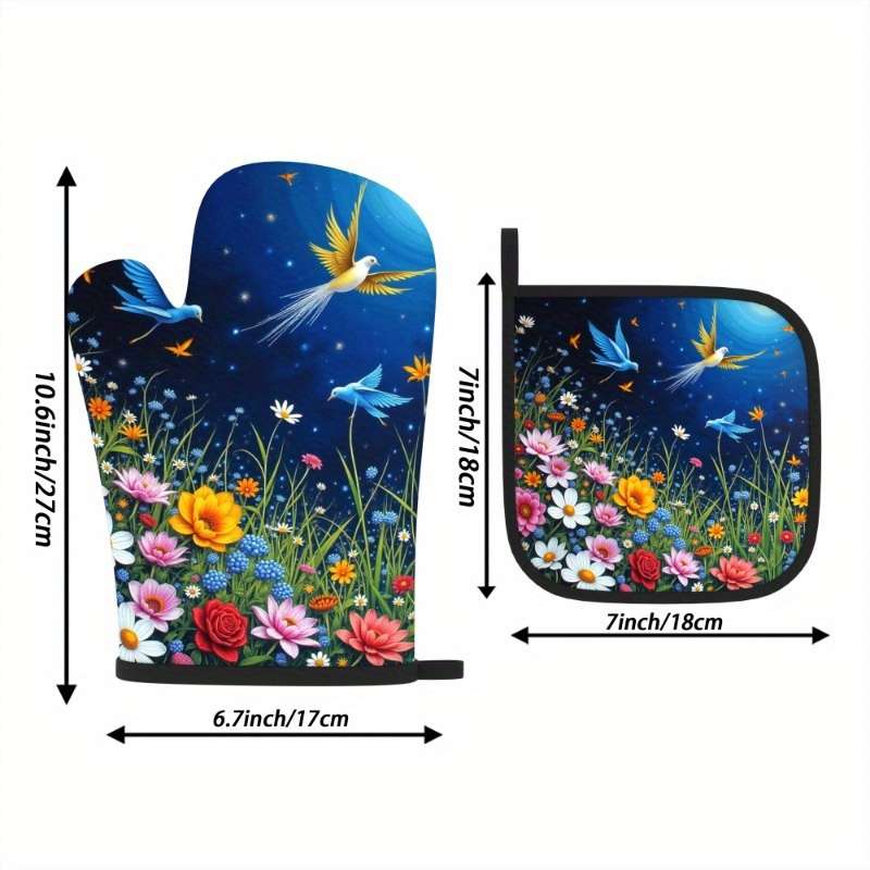 2pcs Set Colorful Floral Bird Design Polyester Oven Mitts and Potholders Heat Resistant Mac