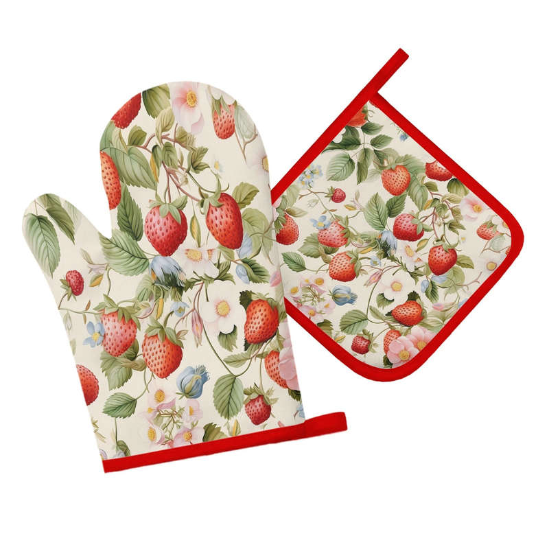 2pcs Strawberry and Floral Pattern Silicone Oven Mitts Pot Holders Thickened Non-Slip Heat R