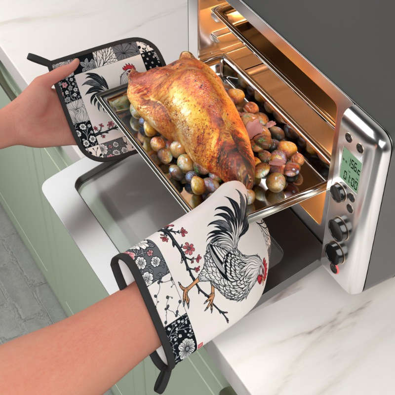 2pcs Rooster Plum Blossom Heat-Resistant Oven Mitts Floral Chinese Design 26.92x17.02 cm