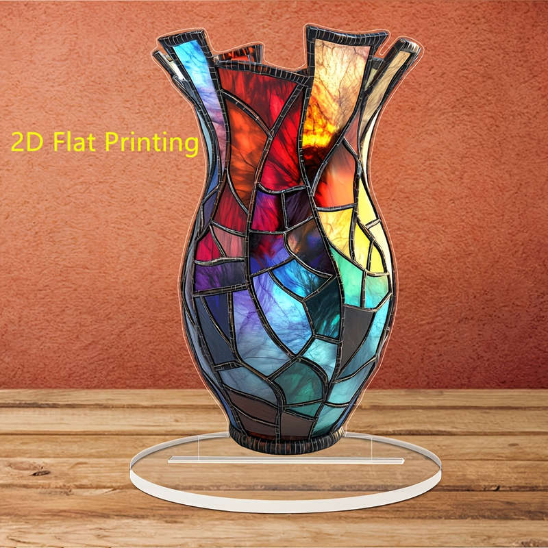 1pc 2D Flat  Colorful Stained Glass Acrylic Vase 11.18cm x 18.03cm Mosaic Design Dark Base with
