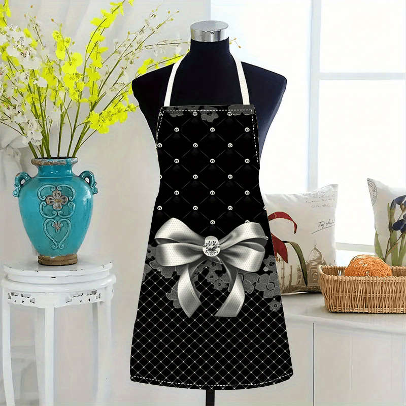 1pc Large Linen Apron with Elegant Bow Floral Pattern Durable Sleeveless Easy-to-Clean Ki