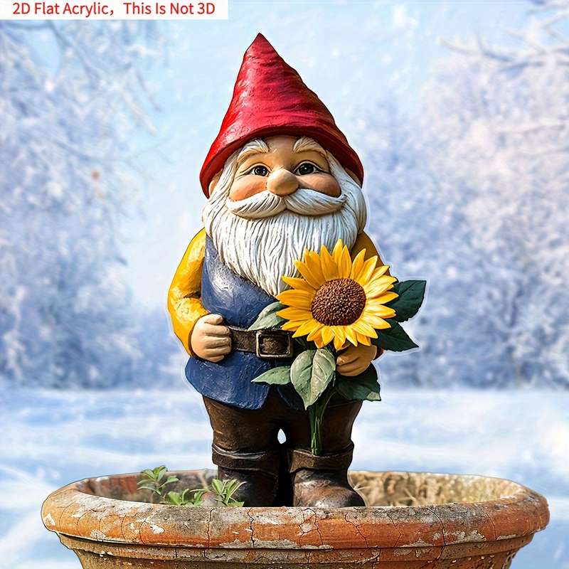 1pc 2D Flat   Charming Sunflower Garden Gnome  Acrylic Yard Stake Bonsai Decor Whimsical