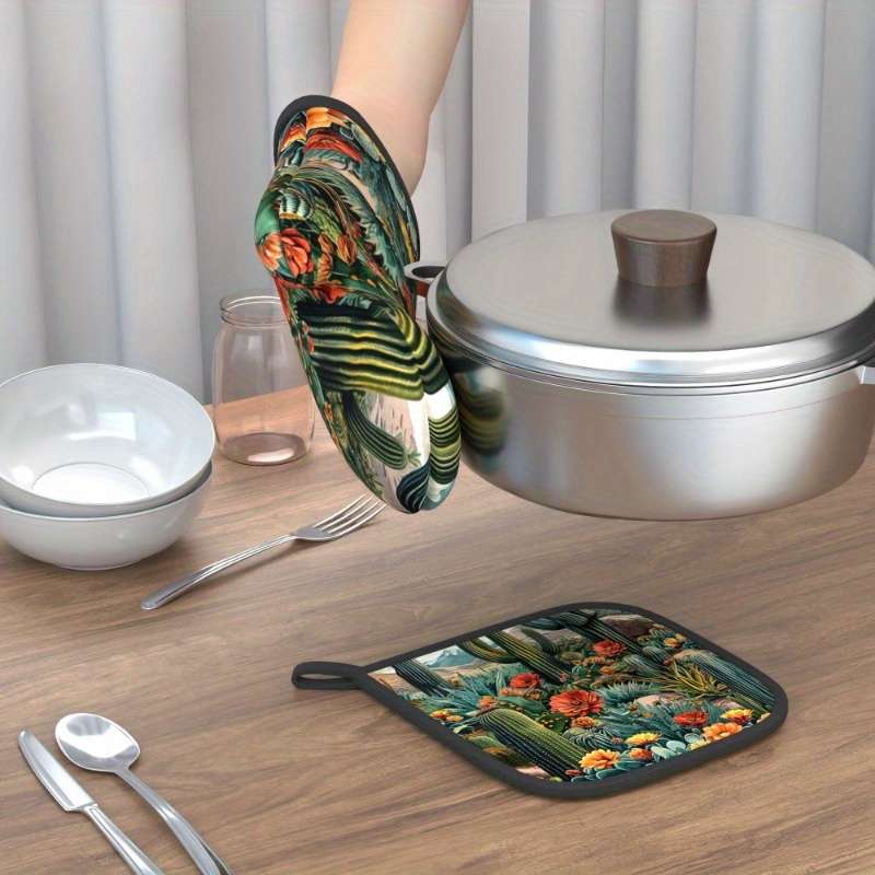 2pcs Vibrant Cactus and Floral Heat-Resistant Oven Mitts 26.92x17.02 cm Polyester Machine W