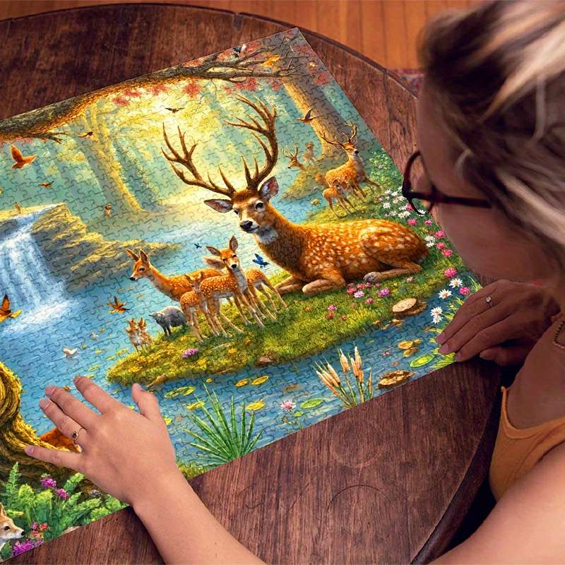 1000pcs Forest Deer Jigsaw Puzzle Scenic Nature Art with Deer Birds Waterfall