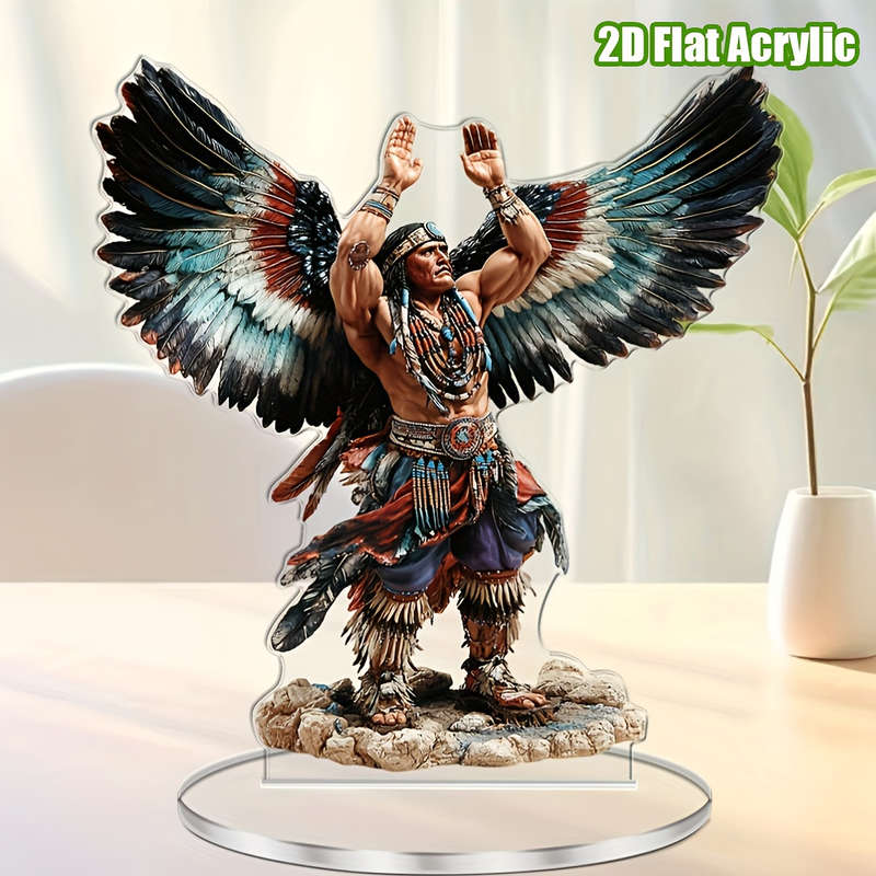 1pc 2D Flat  Acrylic Native American Warrior Figure with Vibrant Feathered Wings Inspirational Boh