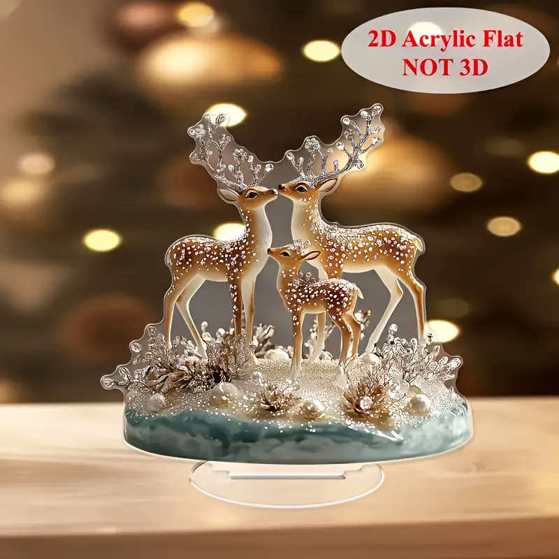 1pc 2D Flat  Elegant  Acrylic Deer Figurines Set of 3 Golden Glittery Antler Design Blue Go