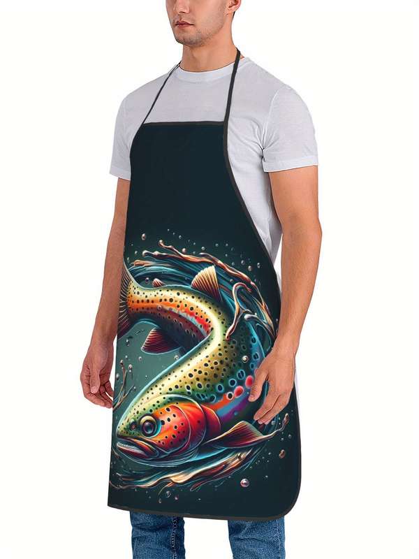 1pc BIIHUDU Vintage Bass Fish Print Apron Colorful Retro Design Durable Polyester Fabric Adjust