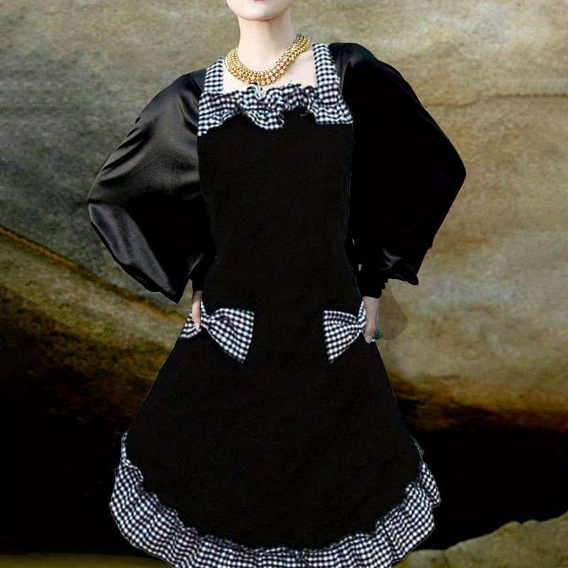 1pc Elegant Black and White Bow Apron Stain-Resistant Adjustable Straps Polyester Perfect for
