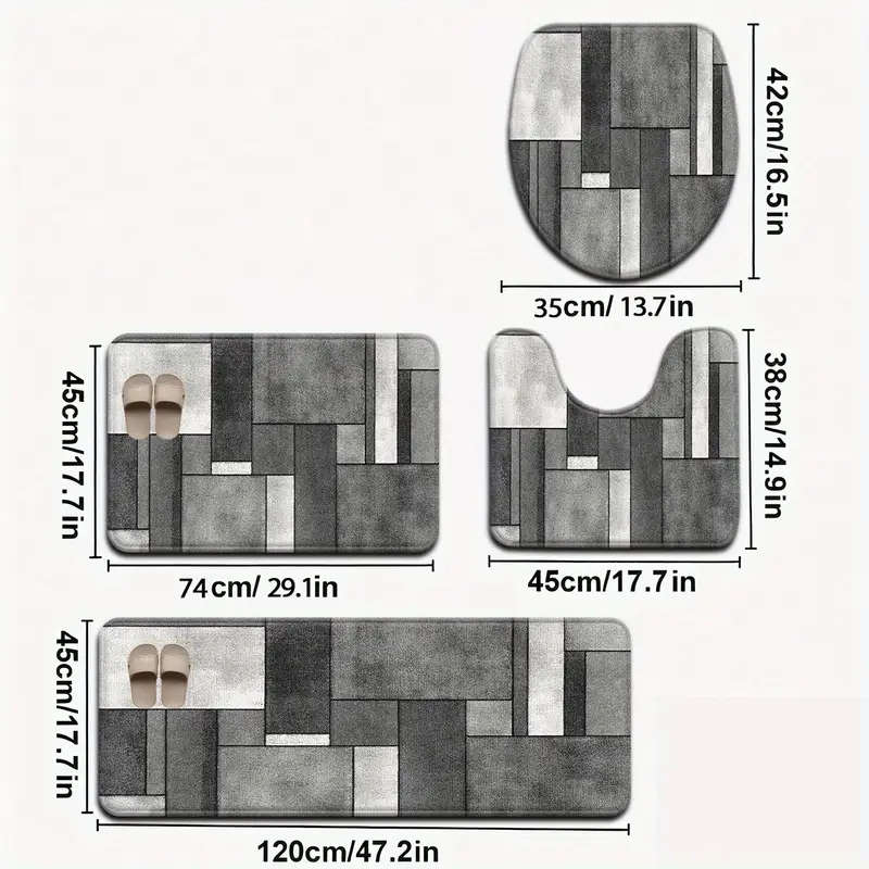 4-Piece Stylish Simple Grey Geometric Pattern Bathroom Mat Set