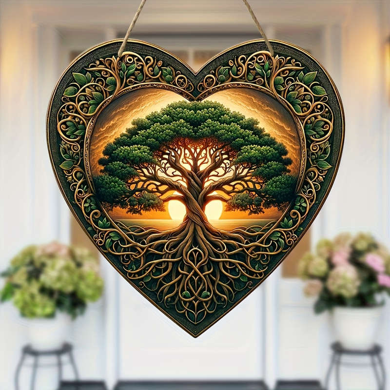 1pc 2D Flat  Acrylic Tree of Life Wooden Hanging Sign-Heart-Shaped Garland Door