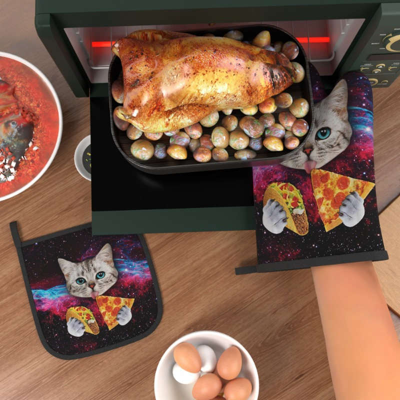 2pcs WhimsyCat Heat-Resistant Polyester Oven Mitts and Pot Holders Set 26.92x17.02 cm Cute Ki
