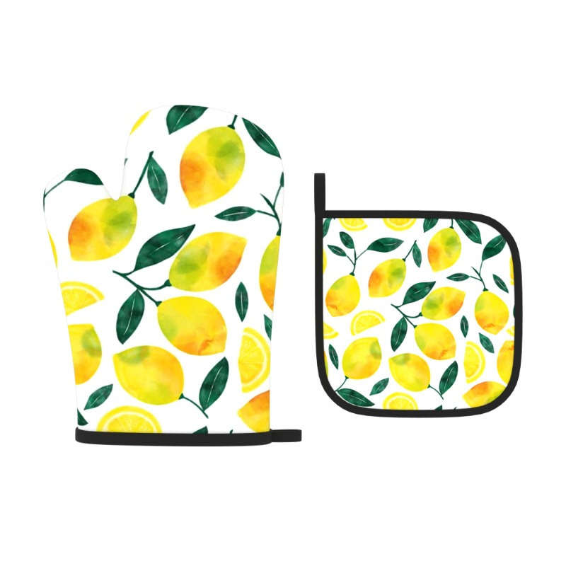 2pcs 10.6x6.7 Inch Oven Mitts And Pot Holders Featuring a Fun Lemon Design Heat-Resistant And