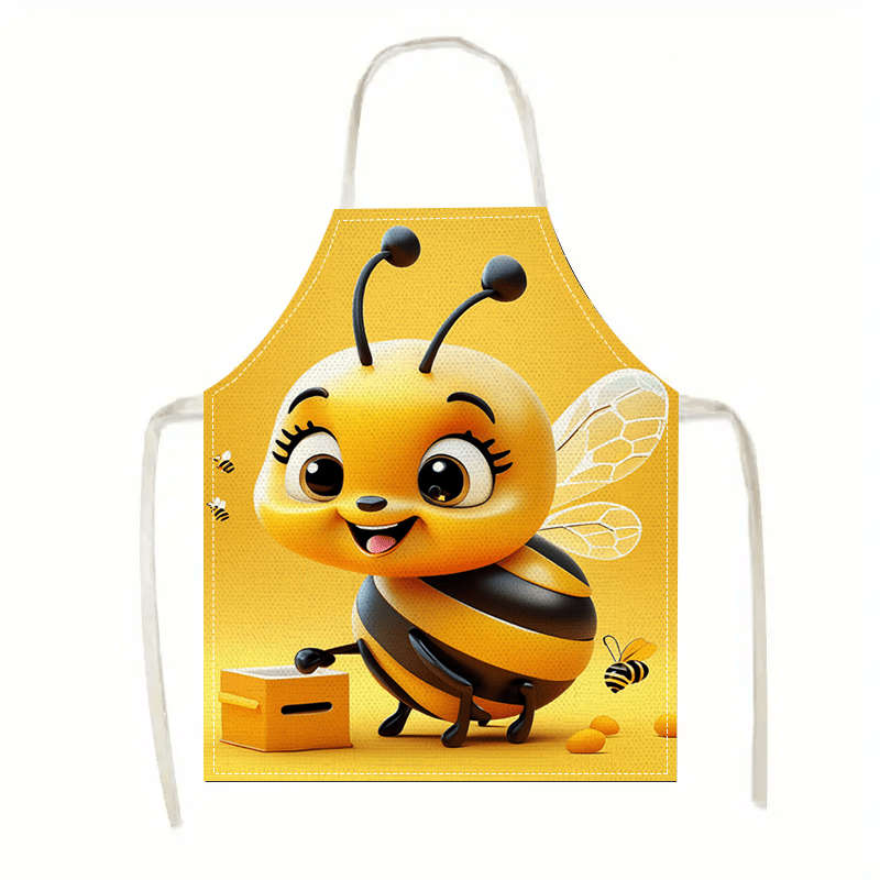 1pc Cartoon Bee Linen Apron 100% Linen Woven Fabric 192 Gsm Sleeveless Durable Kitchen Coo
