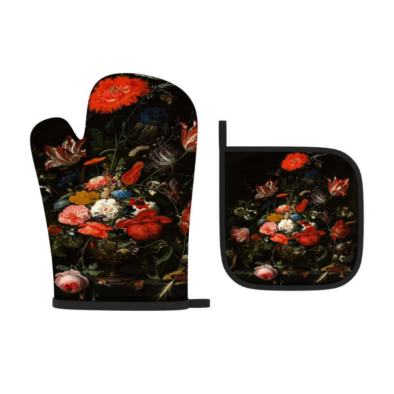 2pcs Floral Oven Mitts Pot Holders Heat Resistant Decorative Kitchen Gloves with Vibrant R