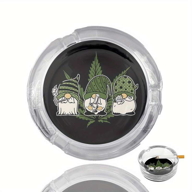 1pc Round Clear Glass Ashtray Black Background with Tri-color Geometric Plant Design Modern Desk