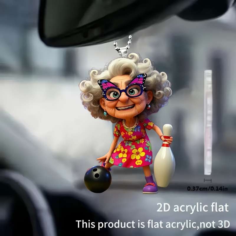 1pc 2D Flat   Acrylic Car Pendant Cute Grandma Playing Bowling Colorful Floral Dress Purpl
