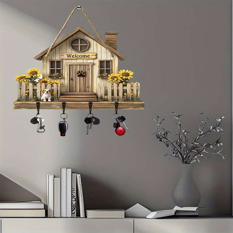 1pc Rustic Cottage  Dog Wooden Wall Art Key Holder with 4 Metal Hooks30.0cm x 24.99cm Farmhouse