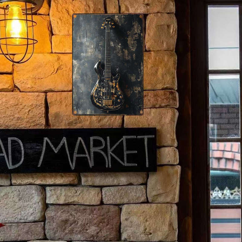 1pc  Vintage Electric Guitar Metal Sign 20.32x30.48 cm Retro Wall Art Rustic Black and Golden