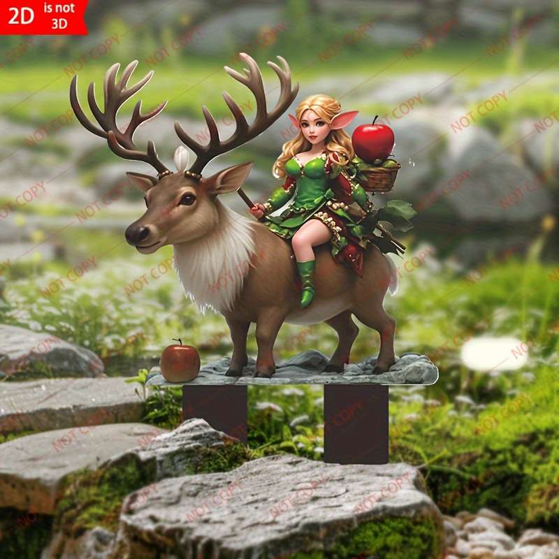 1pc 2D Flat  Farmhouse Style  Garden Lawn Ornament Girl Riding Deer with Apples Durable P
