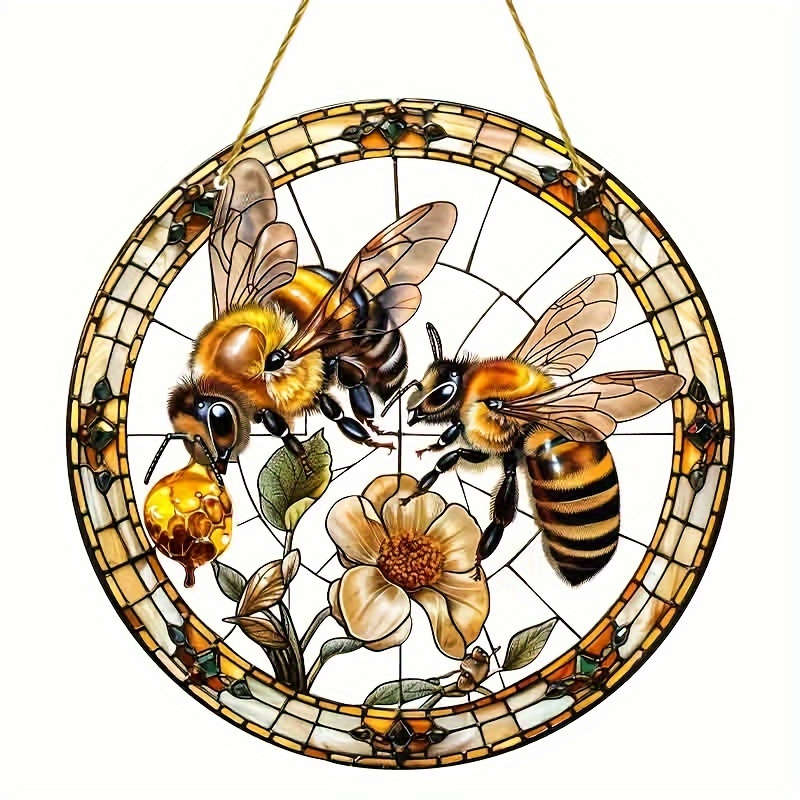 1pc 2D Flat  20.32cm Acrylic Bee and Flower Stained Glass-Style Suncatcher Vibrant Wall Hanging D