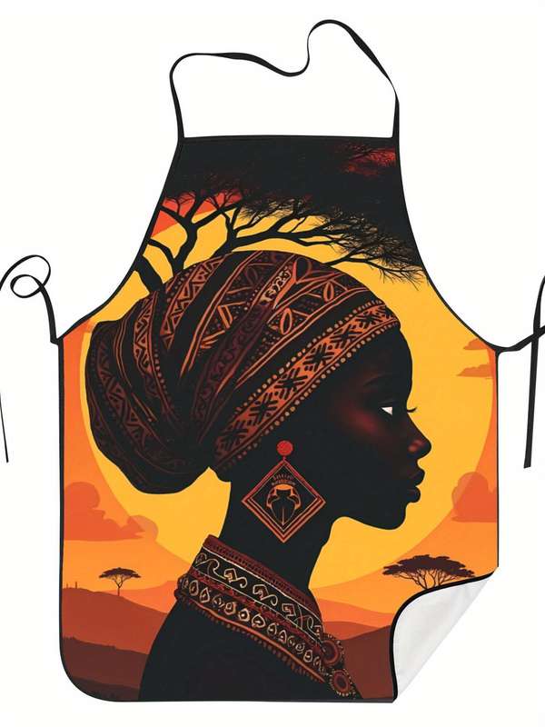 1pc Vibrant African Print Kitchen Apron Stylish Black Woman Design with Tribal Patterns Durable