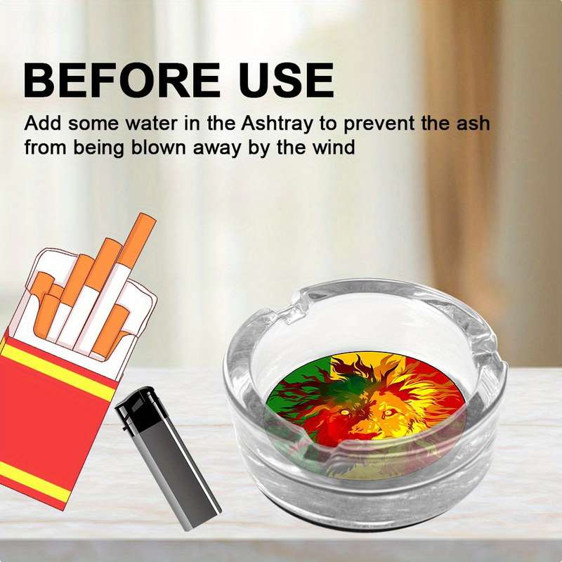 1pc Lion King Glass Ashtray with Non-Slip Base Vibrant Red Yellow Green Design Crystal Clear Rou