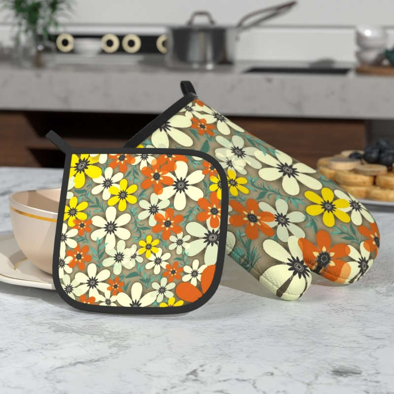 2pcs Floral Heat-Resistant Oven Mitts Potholders Watercolor White Yellow Red Flowers wit