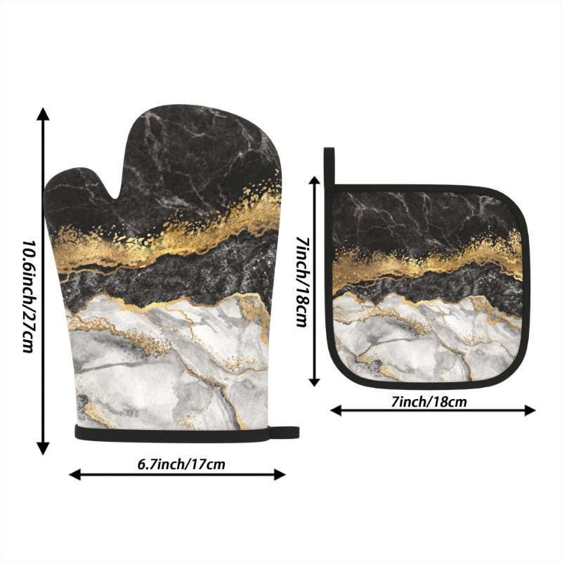 2pcs Marble Pattern Oven Mitt Set 26.92x17.02 cm Heat Resistant Polyester Kitchen Gloves and