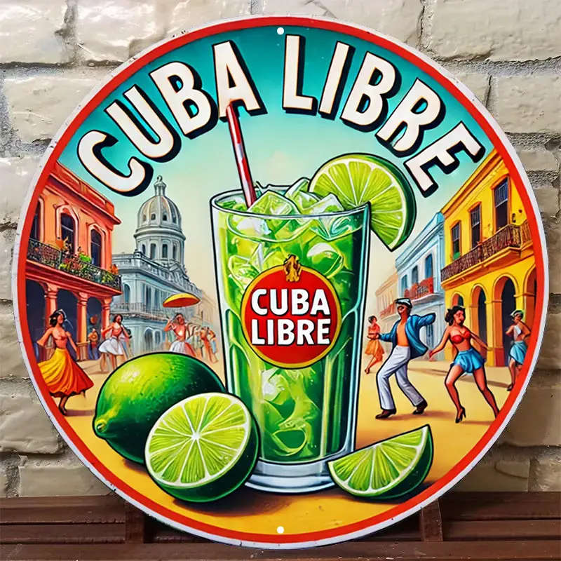 1pc Vintage Metal Sign Cuba Libre Cocktail Scene Aluminum Round Poster Vibrant Caribbean Design Retr
