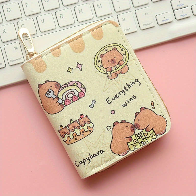 1pc Capybara Cartoon Compact Wallet for Women Cute Kawaii Design with ID Window Coin Pocket Hi