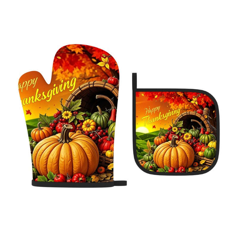 2pcs Autumn Harvest Heat-Resistant Oven Mitts 26.92x17.02 cm Vibrant Pumpkin Vegetables De