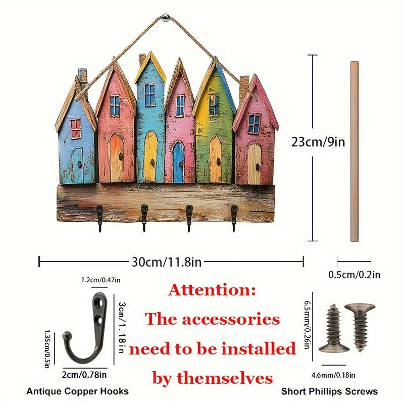 2D Flat 1 Charming Country Scene Key HangerColorful Wooden Wall Hanger with 4 Metal Hooks Perfe