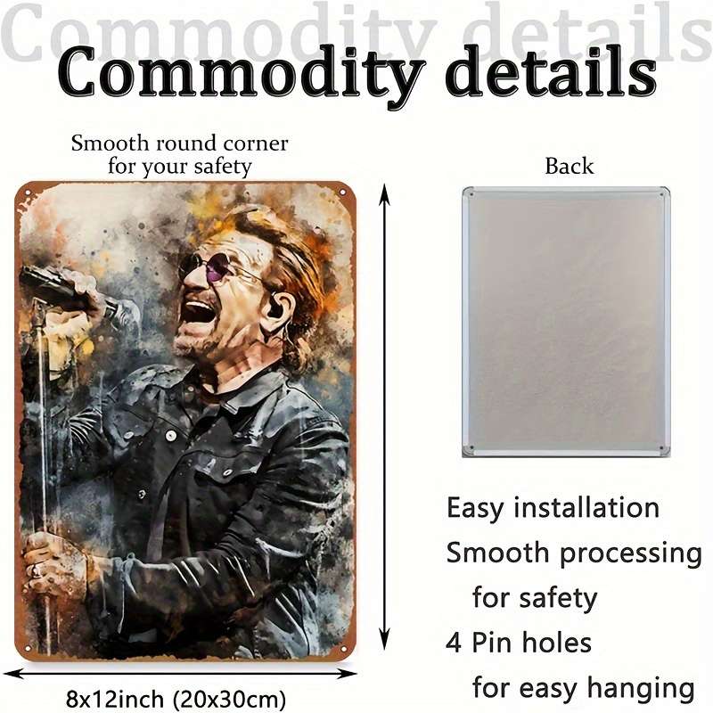 1pc U2 Bono Rock Band Singer Metal Poster 30.48x20.32cm Retro Art Wall Decor Iron Craft 2D Plan