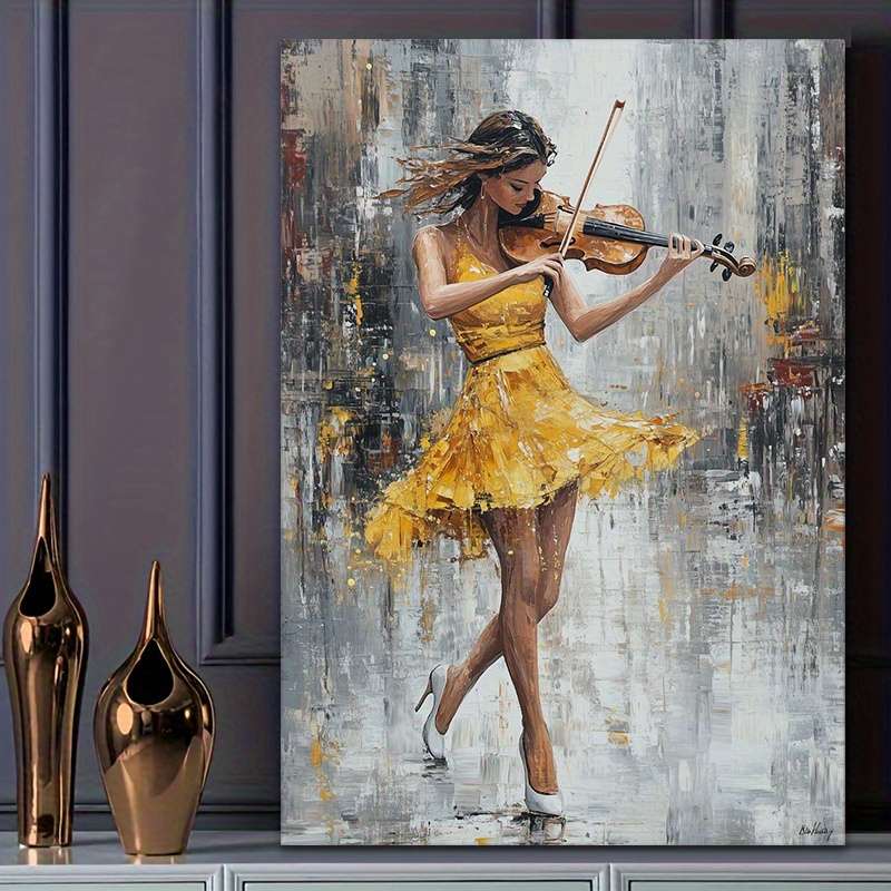 1pc  Dynamic Violin Playing Lady Canvas Art Energetic Performance in Yellow Dress a Beaut