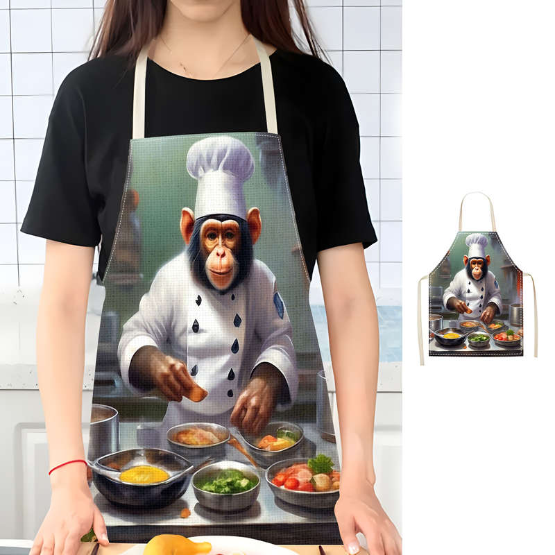 1pc Creative Monkey Chef Pattern Apron Adjustable Straps Durable Polyester Kitchen Cooking Bi