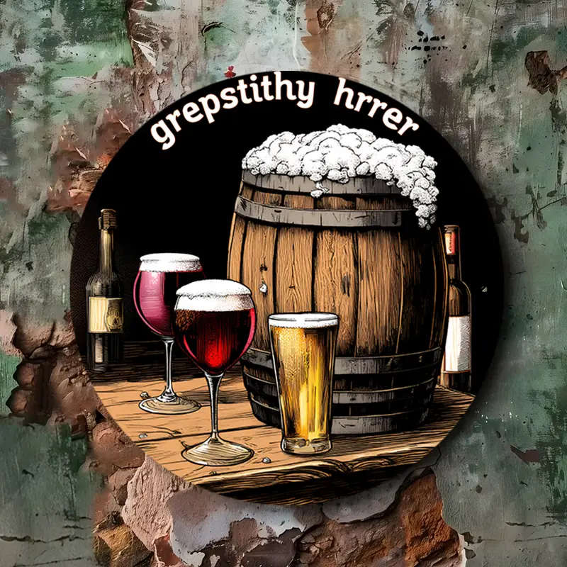 1pc Vintage Barrel Wine Glasses 19.81cm Round Aluminum Sign GREPSTITH HIRRER Beer Wine Illustration