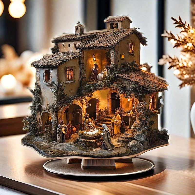 1pc 2D Flat   Bohemian Style Christmas Nativity Scene Acrylic Tag Intricate Village Design