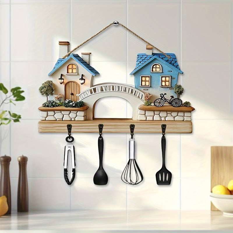 1pc Bridge Cottage- Household Wooden Key Rack( 29.97cm x 22.86cm) Comes with Four Metal Hooks- Mul
