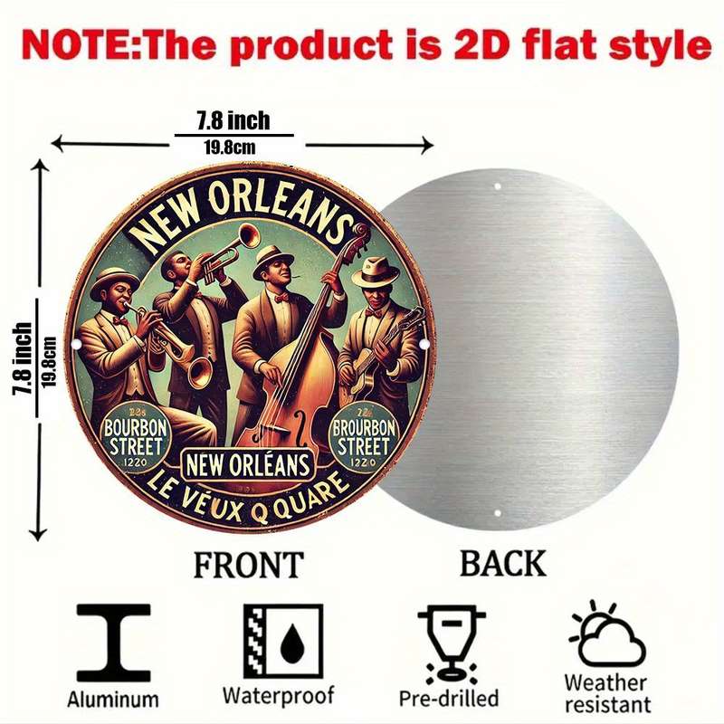 1pc 2D Flat Vintage New Orleans Jazz Band 2D Aluminum Wall Art Rustic Round Decorative Plaque w
