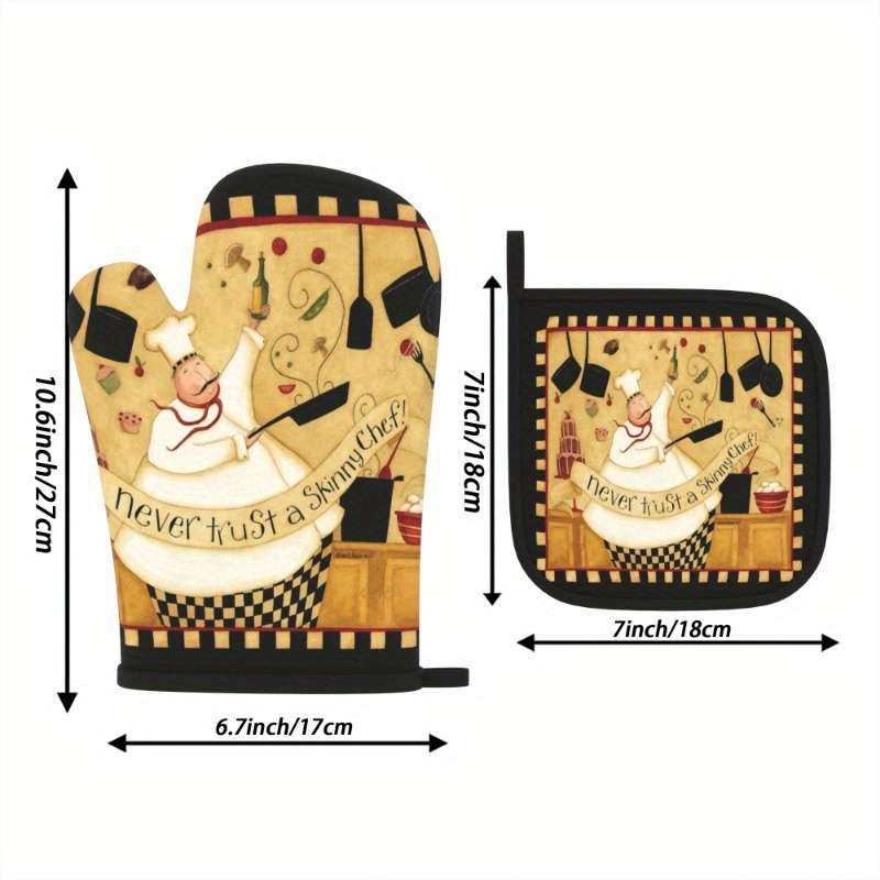 2pcs HeatGuard Polyester Oven Mitts and Potholders Set "Never Trust a Skinny Chef" Design Mac
