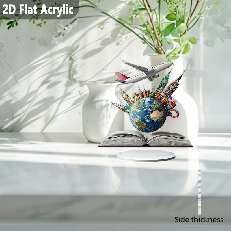 1pc 2D Flat   Acrylic Globe and Airplane Desk Decor Bohemian World Map Art with Iconic Landmark