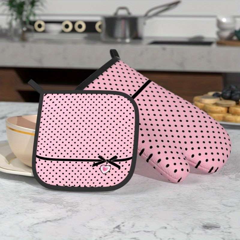 2pcs Chic Pink Polka Dot Oven Mitts Pot Holders with Heart Bow Detail Heat Resistant Machi