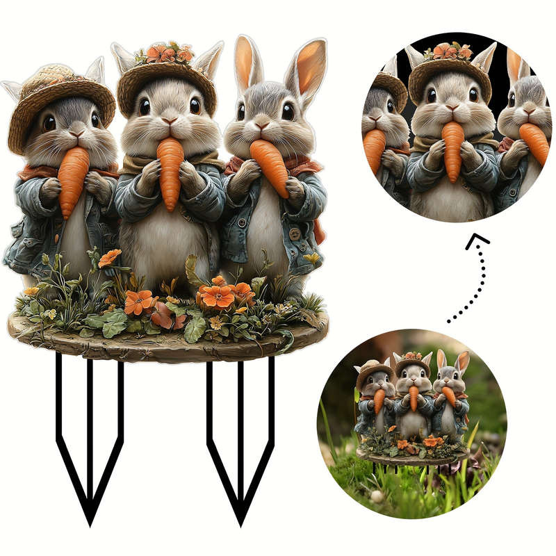 1pc 2D Flat A  Statue of Three Rabbits That Love Carrots Made of Acrylic