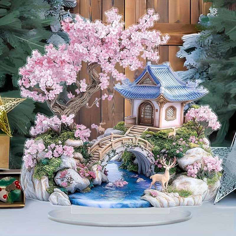 1pc 2D Flat  Bohemian Style Acrylic Cherry Blossom Tree Sculpture  Crystal Landscape Display wit