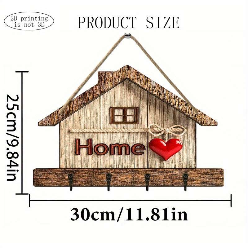 1pc Rustic Wooden Key Rack with 4 Metal Hooks Easy Wall-Mounted Installation Traditional Home Deco