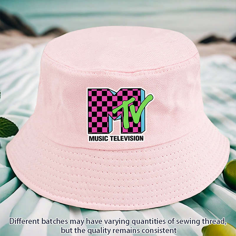1pc MTV Logo Print Bucket Hat Vibrant Yellow Lightweight Polyester Machine Washable Ideal for