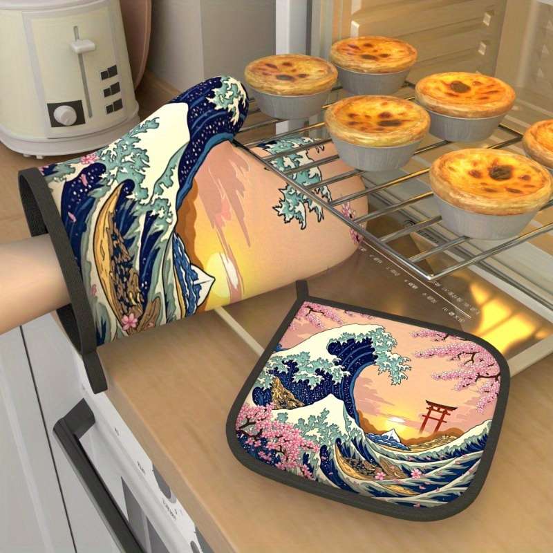 2pcs Set Cherry Blossom Oven Mitts Pot Holders 26.92x17.02cm Heat Resistant Non-Slip Kitch